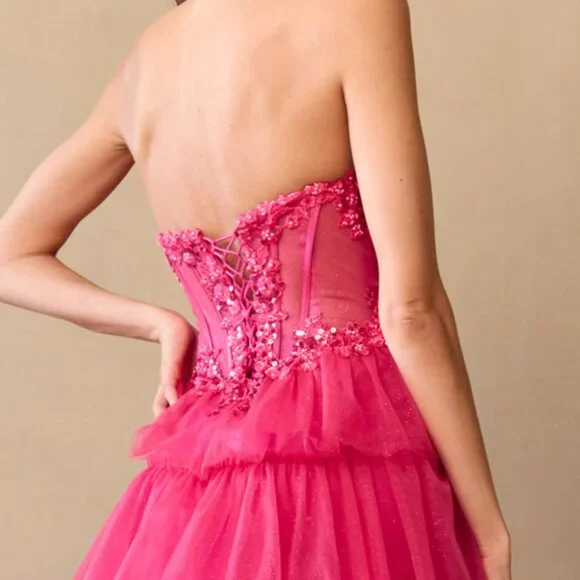 New Strapless Long Ruffled Prom Dress w/ Sheer Embroidered Boned Bodice AC 9053 - Picture 5 of 9
